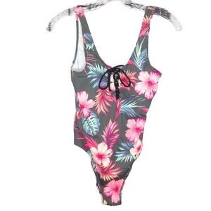 PINK Victoria Secret Lace Up Floral One Piece Swim Bathing Suit